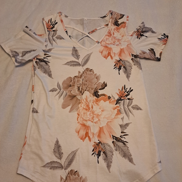Tops - Floral Crisscross Cold-Shoulder Women's Top - White Peach